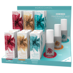 Moroccanoil Brumes Du Maroc Fragrance Mist Salon Intro display with Originale, Dahlia Rouge and Ambiance de Plage in 30ml and 100ml plus salon display