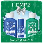 Hempz Merry and Bright holiday trio with two mini body moisturizers and a lip balm in vanilla and mint scents