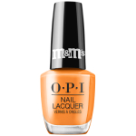 OPI Nail Lacquer bottle in All Treat, No Trick, a bold orange creme from the OPI x M&M's holiday collection
