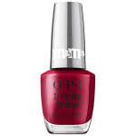 OPI x M&M's Infinite Shine nail polish bottle in the shade On the Sweet List, a classic deep red creme, with mirrored red cap