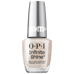 OPI x M&M's Infinite Shine nail polish bottle in the shade Candied Cutie, a sparkling taupe shimmer, with mirrored red cap