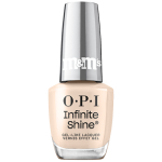 OPI x M&M's Infinite Shine nail polish bottle in the shade Go-oey Get 'Em, a creamy neutral creme, with mirrored red cap