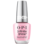 OPI x M&M's Infinite Shine nail polish bottle in the shade Merry & Melty, a light pink creme, with mirrored red cap
