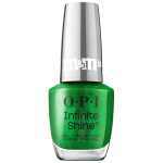 OPI x M&M's Infinite Shine nail polish bottle in the shade Under the Tree-t, a festive green shimmer, with mirrored red cap