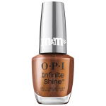 OPI x M&M's Infinite Shine nail polish bottle in the shade I Caramel For You, a rich brown shimmer, with mirrored red cap