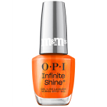 OPI x M&M's Infinite Shine nail polish bottle in the shade Jingle Bell Crunch, an orange shimmer, with mirrored red cap