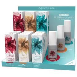 Moroccanoil Brumes Du Maroc Fragrance Mist Salon Intro display with Originale, Dahlia Rouge and Ambiance de Plage in 30ml and 100ml plus salon display