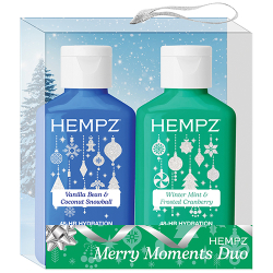 Hempz Merry Moments mini duo with two travel size body moisturizers in vanilla coconut and mint cranberry scents