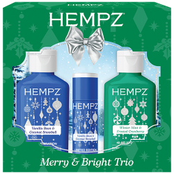 Hempz Merry and Bright holiday trio with two mini body moisturizers and a lip balm in vanilla and mint scents