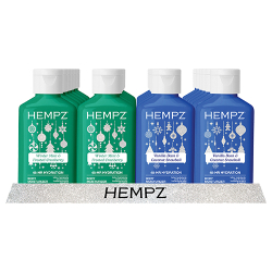Hempz Mini Sweet Wonderland counter display with travel size body moisturizers in vanilla coconut and mint cranberry scents
