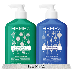 Hempz Sweet Wonderland display with full size body moisturizers in vanilla coconut and mint cranberry scents