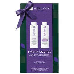 Biolage Hydra Source holiday gift duo with moisturizing shampoo and conditioner bottles