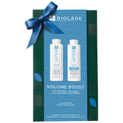 Biolage Volume Boost holiday gift duo with volumizing shampoo and conditioner bottles