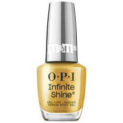 OPI x M&M's Infinite Shine nail polish bottle in the shade Shiny & Bright, a gold shimmer, with mirrored red cap