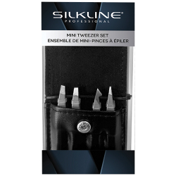 Silkline mini tweezer set with four stainless steel tweezers in a pouch