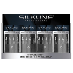 Silkline mini tweezer set retail display holding sixteen tweezer sets