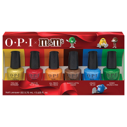 OPI x M&M's Nail Lacquer 6-Piece Mini-Pack with six holiday shade minis including Feeling Mmmerry and Melt in Your Mani