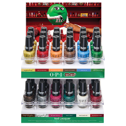 OPI x M&M's Nail Lacquer 36-Piece Acrylic Display with three bottles of each holiday shade