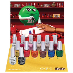 OPI x M&M's Infinite Shine 14-Piece Display with 12 holiday shades plus base coat and top coat