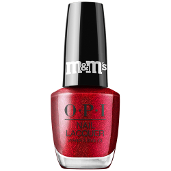 OPI Nail Lacquer bottle in Red-iculously Sweet, a deep red shimmer from the OPI x M&M's holiday collection