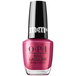 OPI Nail Lacquer bottle in OPI Want Them All, a maroon shimmer from the OPI x M&M's holiday collection
