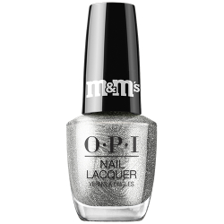 OPI Nail Lacquer bottle in Deck the Shells, a luminous silver shimmer from the OPI x M&M's holiday collection