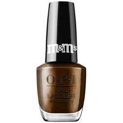 OPI Nail Lacquer bottle in Peanut Butter Me Up, a rich brown shimmer from the OPI x M&M's holiday collection