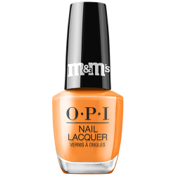 OPI Nail Lacquer bottle in All Treat, No Trick, a bold orange creme from the OPI x M&M's holiday collection
