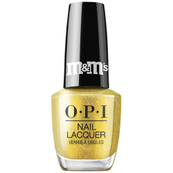 OPI Nail Lacquer bottle in Feeling Mmmerry, a gold shimmer from the OPI x M&M's holiday collection