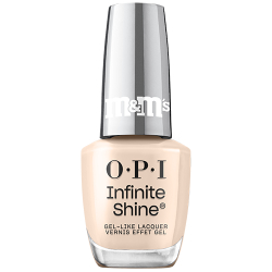 OPI x M&M's Infinite Shine nail polish bottle in the shade Go-oey Get 'Em, a creamy neutral creme, with mirrored red cap