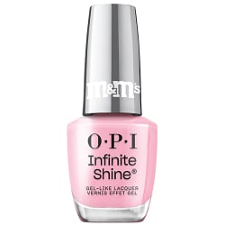 OPI x M&M's Infinite Shine nail polish bottle in the shade Merry & Melty, a light pink creme, with mirrored red cap
