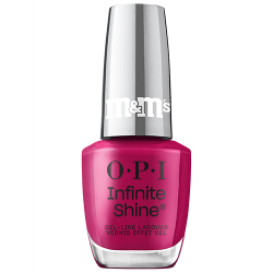 OPI x M&M's Infinite Shine nail polish bottle in the shade Shell-abration, a magenta creme, with mirrored red cap