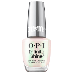 OPI x M&M's Infinite Shine nail polish bottle in the shade Mmmore to Enjoy, a milky white shimmer, with mirrored red cap