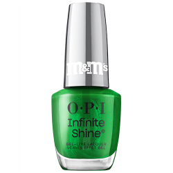 OPI x M&M's Infinite Shine nail polish bottle in the shade Under the Tree-t, a festive green shimmer, with mirrored red cap