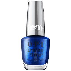 OPI x M&M's Infinite Shine nail polish bottle in the shade Fa La La La Yum, a cobalt blue shimmer, with mirrored red cap