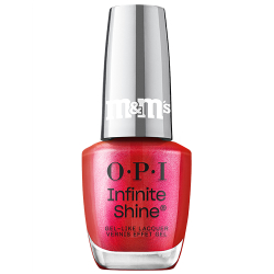 OPI x M&M's Infinite Shine nail polish bottle in the shade Bite Sized Behavior, a hot pink shimmer, with mirrored red cap