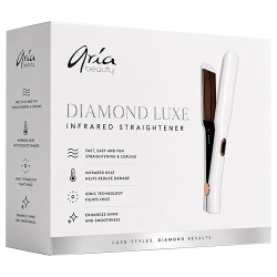 Aria Beauty Diamond Luxe infrared straightener with ceramic plates in a limited-edition white and gold design