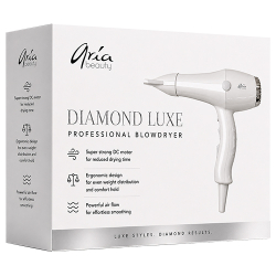 Aria Beauty Diamond Luxe professional blowdryer in a limited-edition white design with gold accents