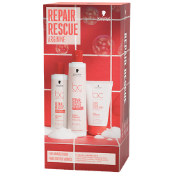 Schwarzkopf Professional BC Bonacure Repair Rescue holiday trio with shampoo, conditioner, and sealed ends treatment